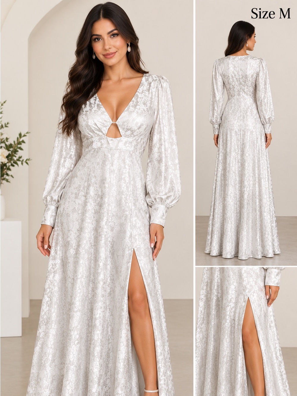 Dress White Jacquard Long-Sleeve Midi Dress size M